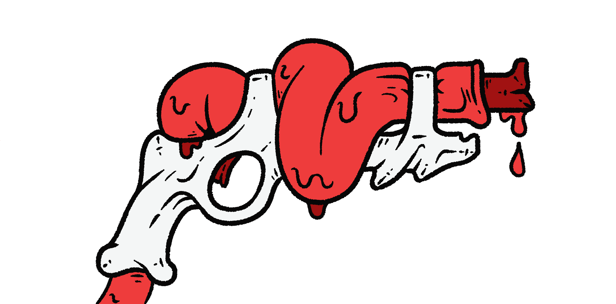 A pistol made out of white bone and bright-red intestines. The bone provides structure, while the intestine is fit through the bottom of the bony grip and snakes along its length until opening to reveal the blood-soaked boney barrel.